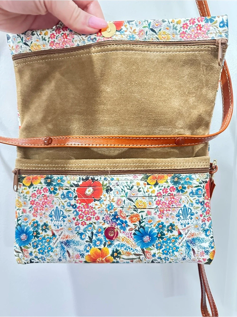 Firenze Moda Genuine Italian Leather Floral Convertible Clutch Crossbody Bag